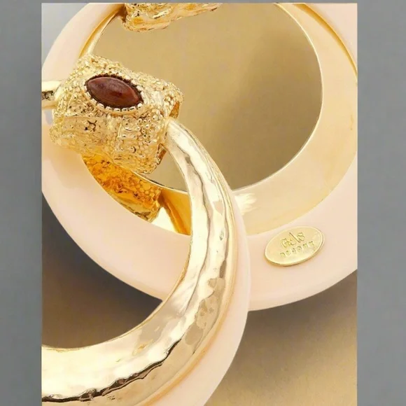 Gas Bijoux Authentic Meknes 24KGold Plated Hoop Earrings Marquise Glass Cabochon
